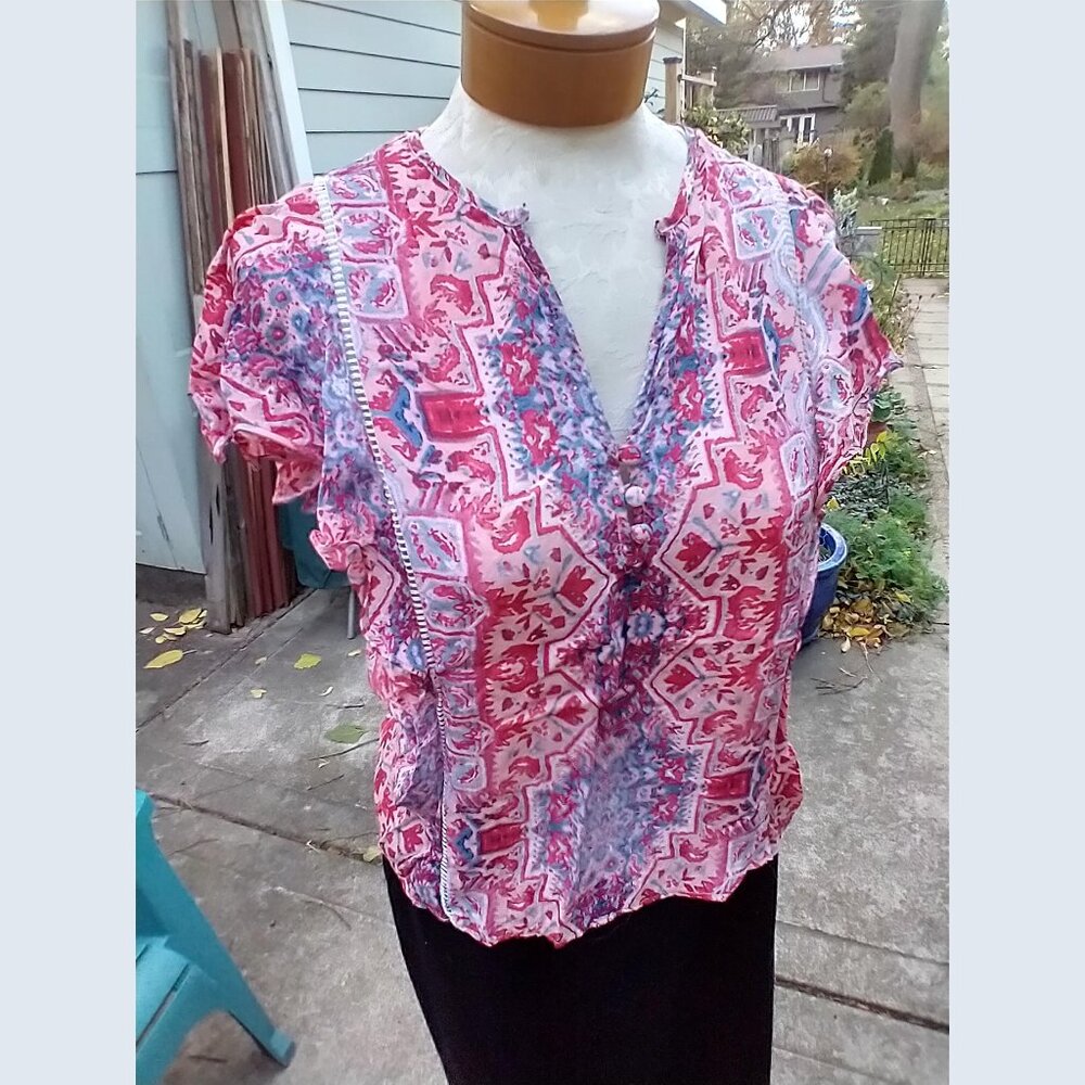 Blouse: Silk, red/white/blue, abstract print. Loose size XS - by Parker